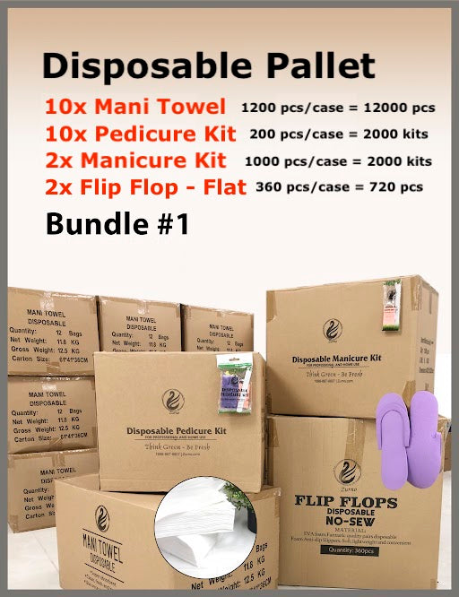 DISPOSABLE Bundle # 1 - ManiTowel, Pedicure Kit, Manicure Kit, FlipFLop - Flat (not sewn)